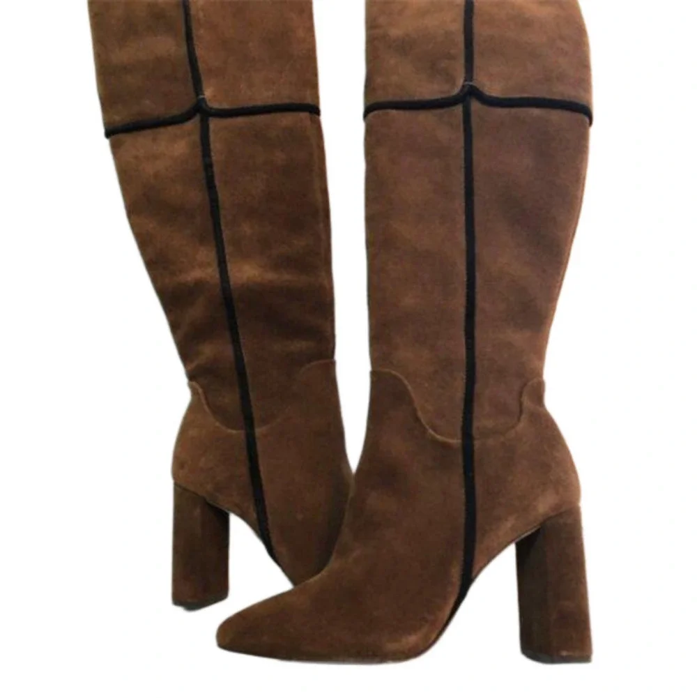 AD & DAUGHTERS Theodorah Tall Suede Heeled Boots Over the Knee Brown Sz 7.5